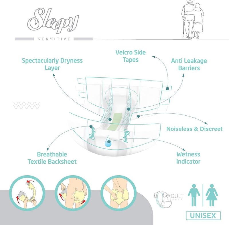 Sleepy Hypoallergenic 42 Adult Diapers | Size - Large | Unisex Diapers for Sensitive Skin | Odour Control Diapers Wetness Indicator | Comfortable & Adjustable | 100-150cm 3X14 - Image 3